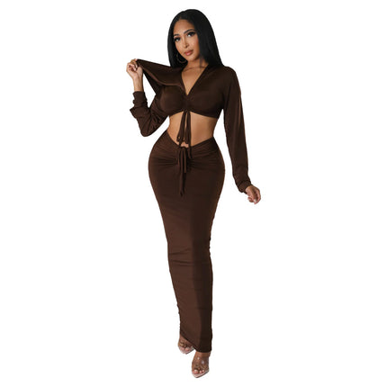 9966 cross-border Europe and the United States Amazon hooded crop top sexy high waist step skirt two-piece set