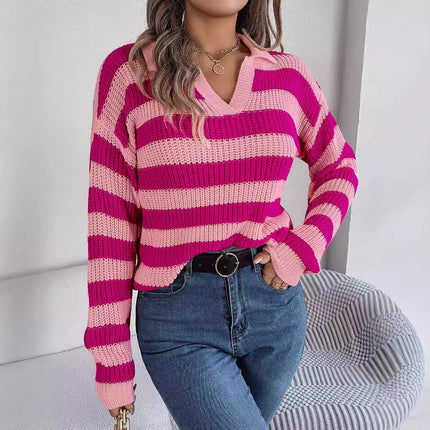 Clearance Sale: Autumn/Winter Casual Turn-Down Collar Color-Block Striped Long-Sleeve Knitted Pullover Sweater - Amazon Cross-Border Women's Fashion