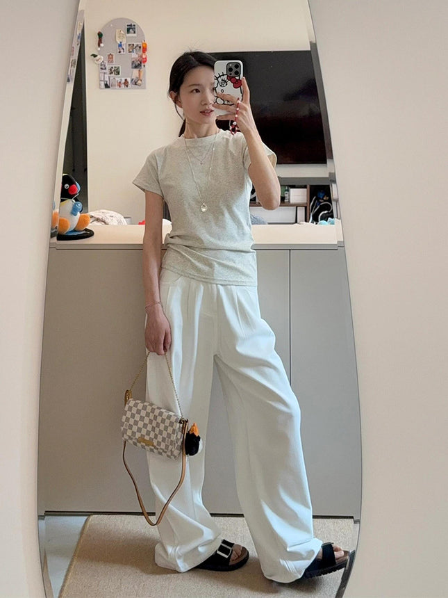 Casual White Straight-Leg Jeans for Women, Summer 2025, Thin Loose Wide-Leg Pants, Lazy Style, Petite Floor-Length Pants