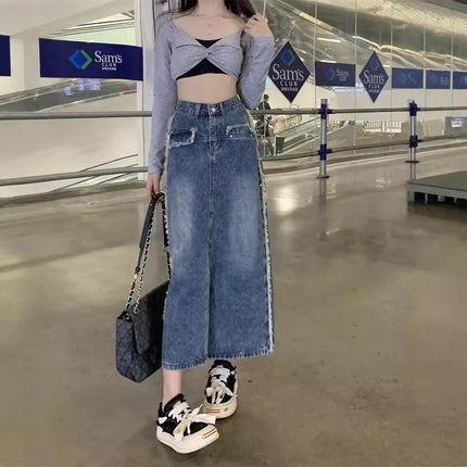 Autumn Korean High-waisted Denim Skirt for Women 2024 New Pear-shaped Figure Mid-length Cover-up A-line Skirt