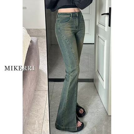 Pear-Shaped Figure Retro Distressed Flared Slit Jeans for Women, Spring and Autumn, Plus Size, High-Waisted, Slimming, Flared Pants
