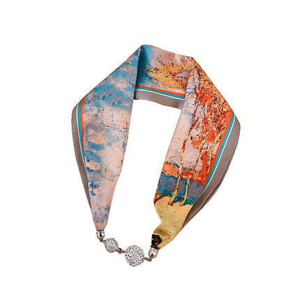 2026 New Magnetic Buckle Small Silk Scarf with Geometric Patterns and Rhinestones, Magnetic Necklace Scarf, Women's Hairband Scarf