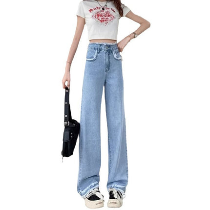 plus size Edge Narrow Straight Jeans Women's Autumn Trendy All-match High Waist Slimming Loose Wide Leg Trousers