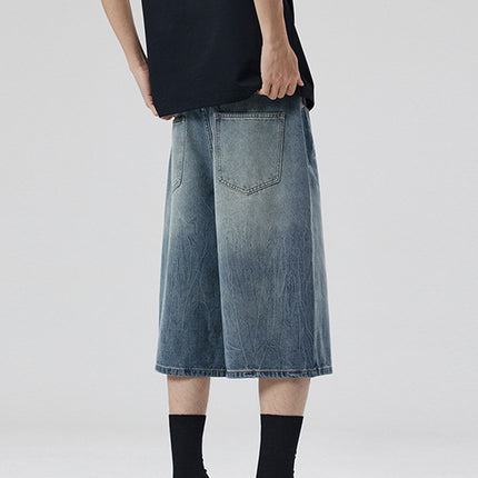 LKTM Men's# American Retro Old Blue Lightning Pattern Denim Shorts Men's and Women's Loose Straight Shape Cropped Pants