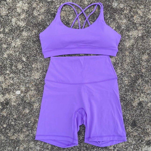 Solid Color Women's Naked Tight Yoga Shorts suit Hollow-out Cross-back Sports Underwear gym yoga set