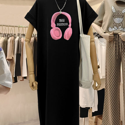 plus size Short-sleeved Cotton Mid-length Dress Women's 2025 Summer New All-match Loose Long Dress Flying Sleeve Split dress
