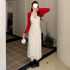 Cardigan + white suspender [long] skirt two-piece set / S recommended within 45kg