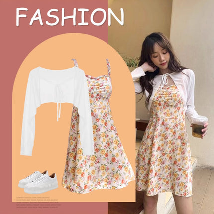 Suspenders Skirt Suspenders French dress Sunscreen All-match Niche Summer Floral First Love Cardigan Two-piece Set suit Trendy