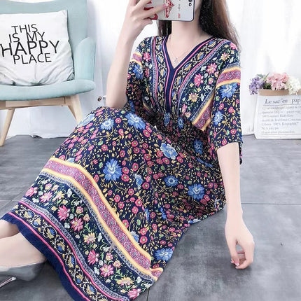 Cross-border ethnic style V-neck cotton silk short-sleeved beach skirt Thailand travel dress summer printed holiday floral skirt