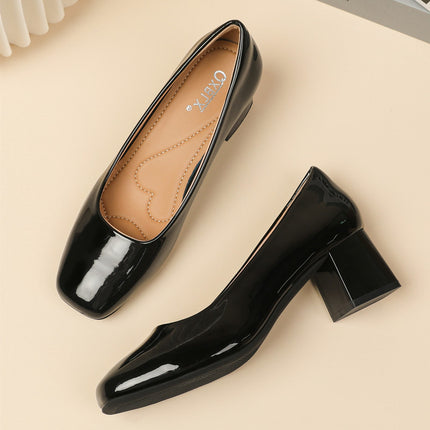 Work Shoes Women's Black Long-standing Not Tired Feet Summer Patent Leather Soft-soled Comfortable Work Professional Middle Heel Thick Heel Single-layer Shoes Women