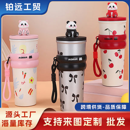 High-Looking Stainless Steel Thermos Cup, Large-Capacity Car-Mounted Cute Printed Coffee Cup, Accompanying Cold-Keeping Double-Drink Ice Cup
