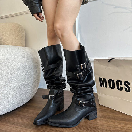 Women's 2025 Autumn/Winter New Vintage Over-The-Knee Long Boots with Pointed Toe and Chunky Heel Slimming Slouch Boots