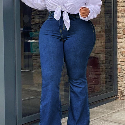 Xintang Tiktok Pop In-Stock Dropshipping Plus-Size Women's High-Stretch Zippered Mid-Waist Flared Jeans