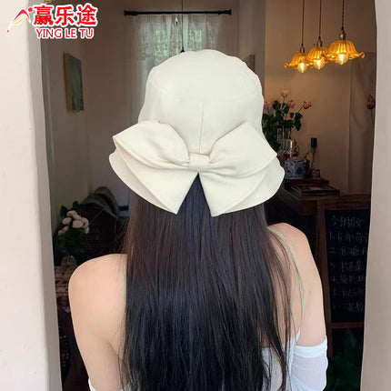 Women's Sun Protection Hat Summer Japanese Style Casual Hepburn Style Bowknot Versatile Wide-Brimmed Sunshade Bucket Hat