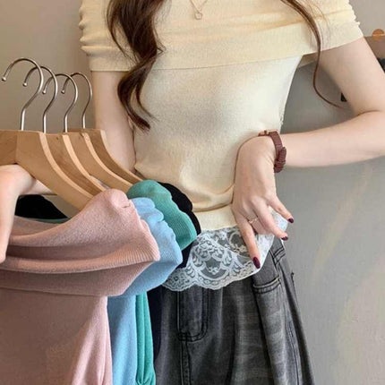 Green off-shoulder short-sleeved top women's dopamine in early summer is beautiful and beautiful and pure waist T-shirt