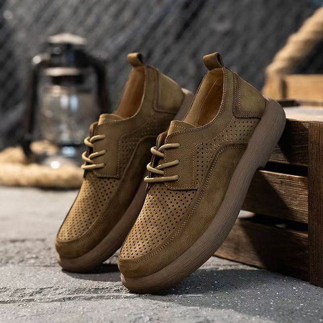Hollow-out Leather Shoes Men's Hole Shoes Summer New Men's Shoes Genuine Leather Breathable Fashionable All-match Thick-soled Vintage Casual Shoes