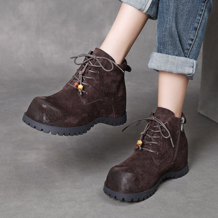 Jishu 25 Autumn and Winter New Top-Layer Cowhide Lace-Up High-Top Women's Shoes, Suede Genuine Leather Retro Beaded Internal Height-Increasing Ankle Boots