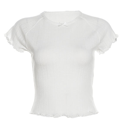 Ins European and American Style 2025 Spring and Summer Women's New Products Sweet Girly Style Pure Color Personalized Round Neck Slim Short-Sleeved T-Shirt for Women