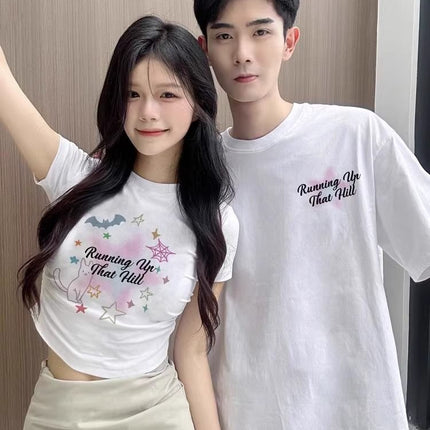 Niche Design Sense Long and Short suit Cotton Different Couple Dress T-shirt Short Sleeve 2025 New Summer