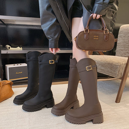 Long Boots for Women in Autumn and Winter, Thick-Soled High Boots for Small People, Maillard Retro Square Heel Back Zipper Slimming Look Knight Boots