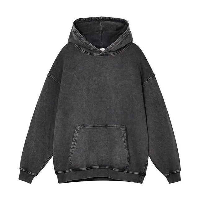 Washed Vintage Hoodie with Pockets, Retro Pure Cotton Composite Thin Fleece Thick Loose Drop Shoulder Top