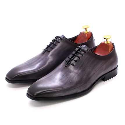 [One-Piece Oxford Shoes - Hand Brushed] Men's Leather Shoes Business Formal British Style Cowhide Men's Shoes Gray