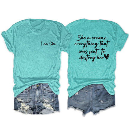 Amazon double-sided printed summer round neck short sleeve she overcame everthing loose all-match T-shirt