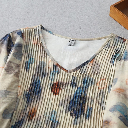 Real Shot High-end Sense V-neck Cotton Mid-sleeve dress 2025 Summer New Loose French Style Organ Pleat Print Dress