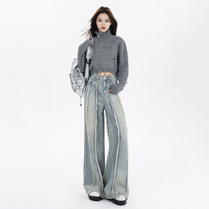 187 New 2025 Spring Jeans Women's Rust-edge Design Wide-leg Slightly-fit Straight Pants