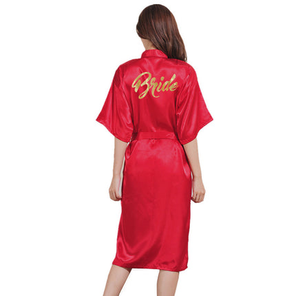 Cross-Border Bronzing Bride Women's Summer Thin Cardigan Nightgown with Printed Long Short-Sleeved Wedding Makeup Dressing Gown Accessible Luxury
