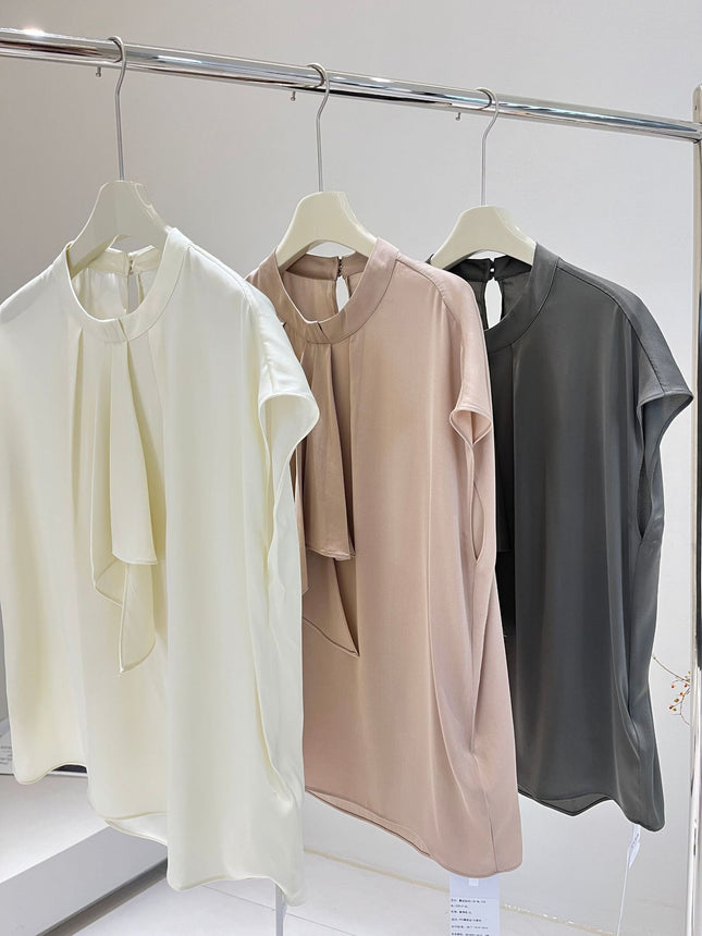 Silk Short-Sleeved Shirt for Women 2026 Spring and Summer New Style Solid Color Ribbon Top for Inner Wear and Outer Wear Elastic Double Georgette Silk Top