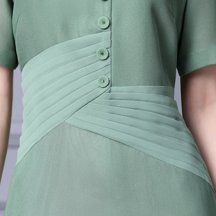 Elegant Green Light Green Dress with a Flared Skirt, Summer Waist-Cinching Slimming Effect, Turn-Down Collar, Rayon Dress, 2026 New Model