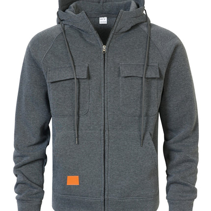 Spring, Autumn and Winter American Workwear Retro Hooded Loose Brushed Sweatshirt for Men, Youth Multi-Flap Pocket Pants Leather Cardigan Jacket