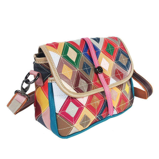 European and American Fashion Women's Bags, New Style Cowhide Women's Bags, Colorful Rhombus Stitching Genuine Leather Shoulder Crossbody Bag, Casual and Versatile