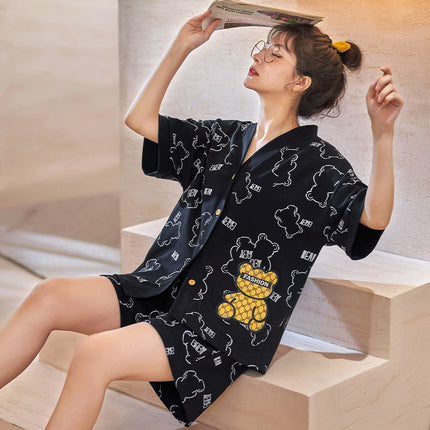High-end Pajamas Women's Summer Short-sleeved Kimono Cardigan Large Size Student Cartoon Bear Outwear Women's Home Clothes
