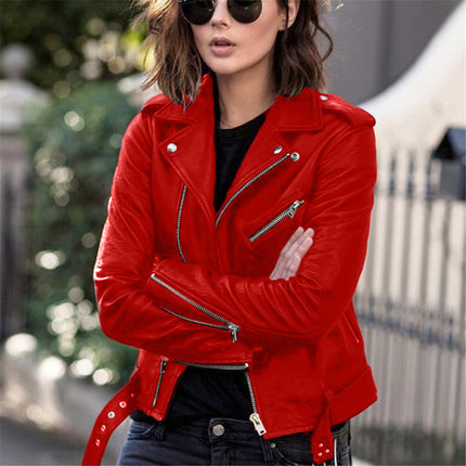 Foreign Trade 2025 New European and American Motorcycle Leather Jacket Spring and Autumn Women's Leather Jacket Women's Short Slim Leather Jacket Fashion Jacket