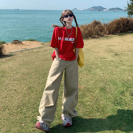 Khaki Loose Wide-Leg Sickle Jeans for Women 2025 Spring and Summer New High-Waisted Straight Draped Versatile Floor-Length Pants