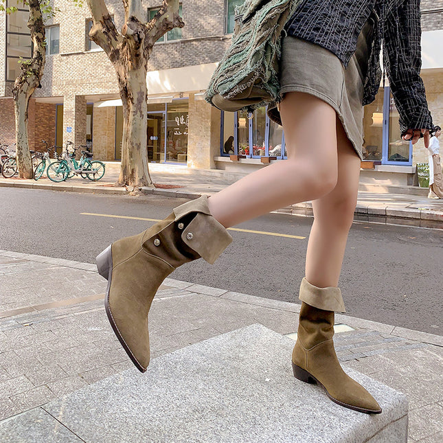 One Shoe, Two Wear Retro Western Cowboy Boots Pointed Toe Slip-On Boots Women's Thick Heel Fashion Medium Heel Mid-Calf Boots Pile Boots
