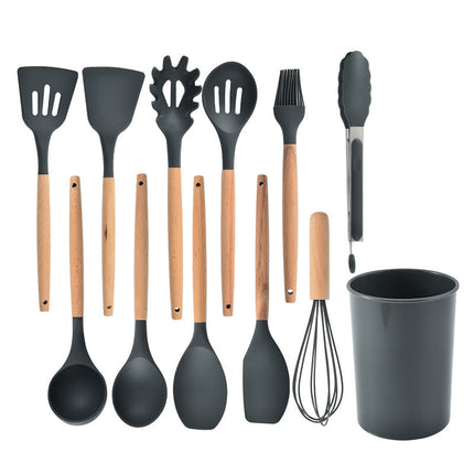 Wholesale Wooden Handle Silicone Kitchenware 12 Pieces suit Household Non-Stick Cooking High Temperature Resistant Cooking Silicone Spoon suit
