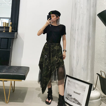 Japanese Style Spliced Mesh Denim Camouflage Skirt for Women Summer New Loose Fashion Niche Western Style A-Line Skirt