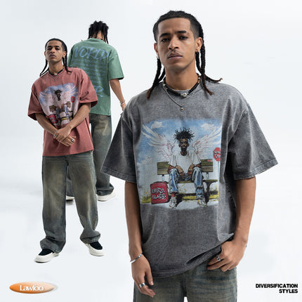 LawFoo American Street Washed Old Street Figure Printed Spring and Summer Loose Short-sleeved T-shirt Men's Top