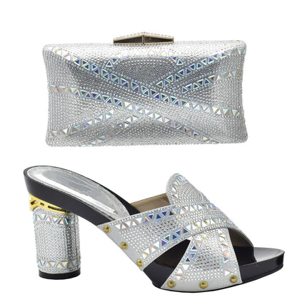 Cross-border Evening with Hot Diamond Shoe Bag Hollow High Heel Round Toe Sandals with Hand Bag Fashion Dinner suit