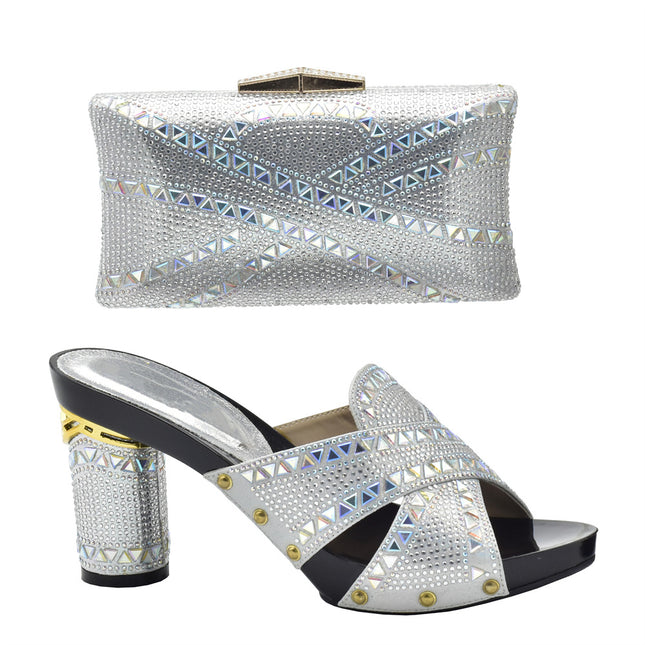 Cross-border Evening with Hot Diamond Shoe Bag Hollow High Heel Round Toe Sandals with Hand Bag Fashion Dinner suit