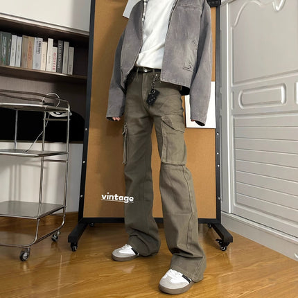 American Retro Clean Fit Slim Straight Jeans for Men Vintage Large Pocket Floor-Length Pants