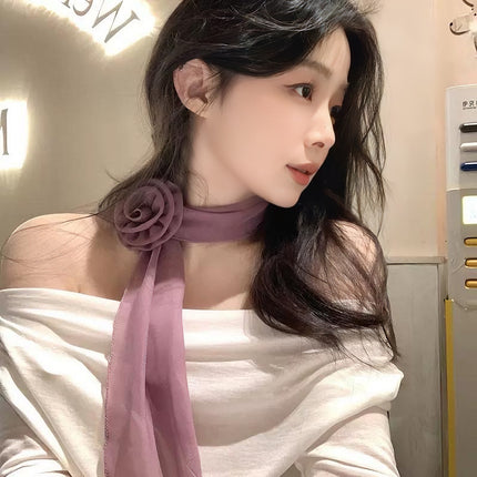2025 Summer New Solid Color Rose Flower Scarf Women's All-match Elegant Thin Scarf Neck Protection Fashion Scarf