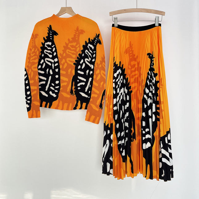 25 Spring New High-Waisted Slimming Pleated Skirt and Top Set, Miyake Classic Printed Pleated Skirt Set