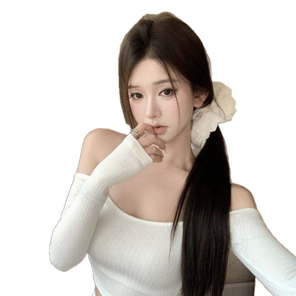 One-Shoulder White Long-Sleeved Slim T-Shirt for Women in Autum Sexy Sexy Tight Elastic Slimming Look Short Crop Top