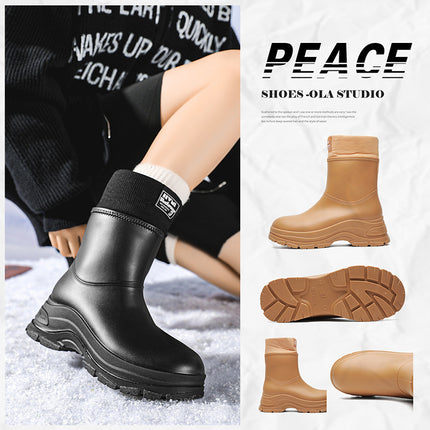 Cross-border European and American single mid-barrel rain boots women's fleece-lined warm rain boots non-slip waterproof shoes fashion outdoor overshoes rubber shoes