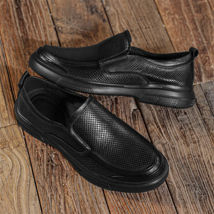 Leather Shoes Men's Summer Business Casual Work Shoes Cut Out Breathable Perforated Soft Leather All Black Pure Cowhide Men's Shoes
