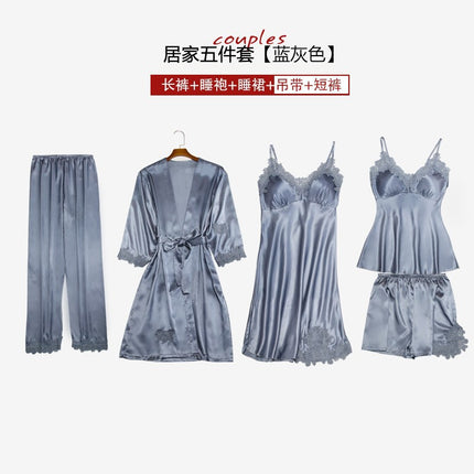 High-quality boutique with chest pad autumn and winter summer sexy simulation silk pajamas five-piece set Korean-style sling women's nightgown